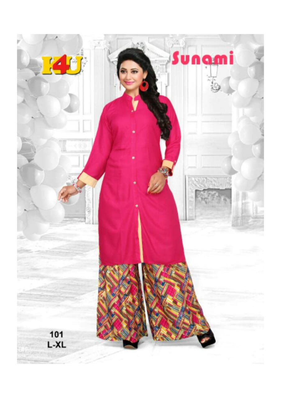 Sunami By K4u 101 To 106 Series Beautiful Stylish Fancy Colorful Casual Wear & Ethnic Wear & Ready To Wear Rayon Kurtis & Palazzos At Wholesale Price