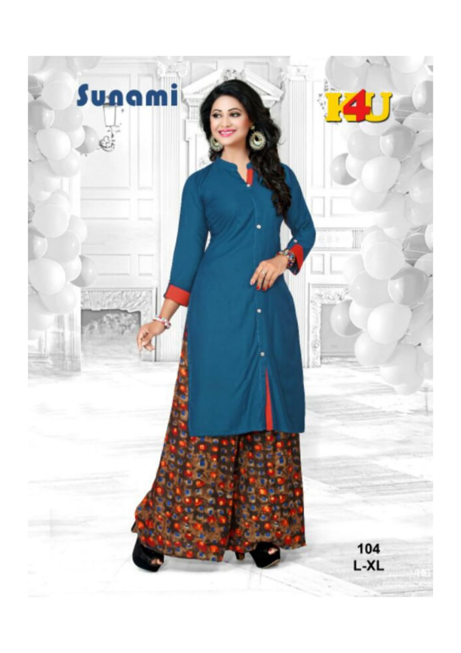 Sunami By K4u 101 To 106 Series Beautiful Stylish Fancy Colorful Casual Wear & Ethnic Wear & Ready To Wear Rayon Kurtis & Palazzos At Wholesale Price