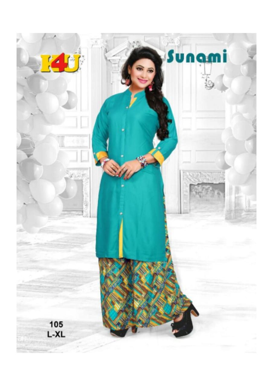 Sunami By K4u 101 To 106 Series Beautiful Stylish Fancy Colorful Casual Wear & Ethnic Wear & Ready To Wear Rayon Kurtis & Palazzos At Wholesale Price