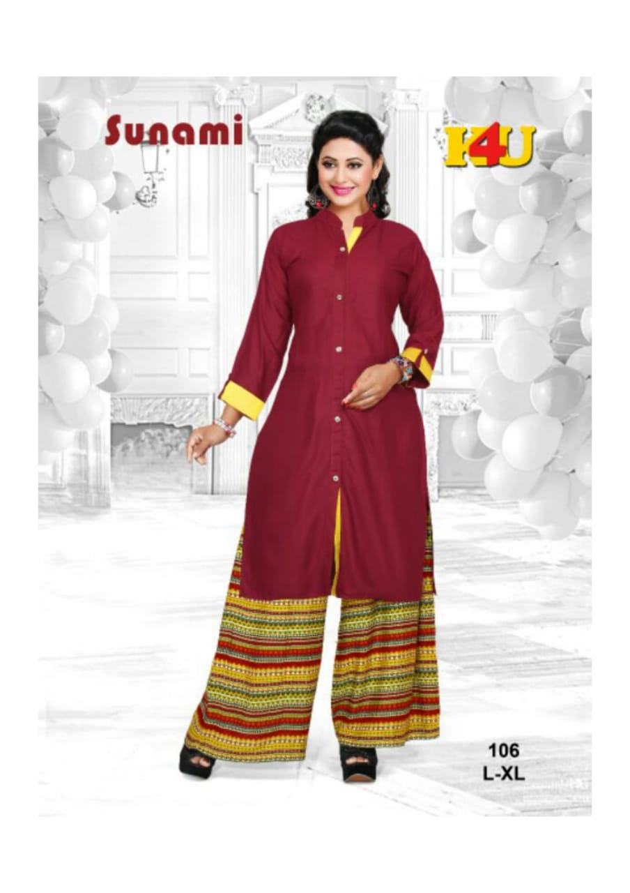 Sunami By K4u 101 To 106 Series Beautiful Stylish Fancy Colorful Casual Wear & Ethnic Wear & Ready To Wear Rayon Kurtis & Palazzos At Wholesale Price