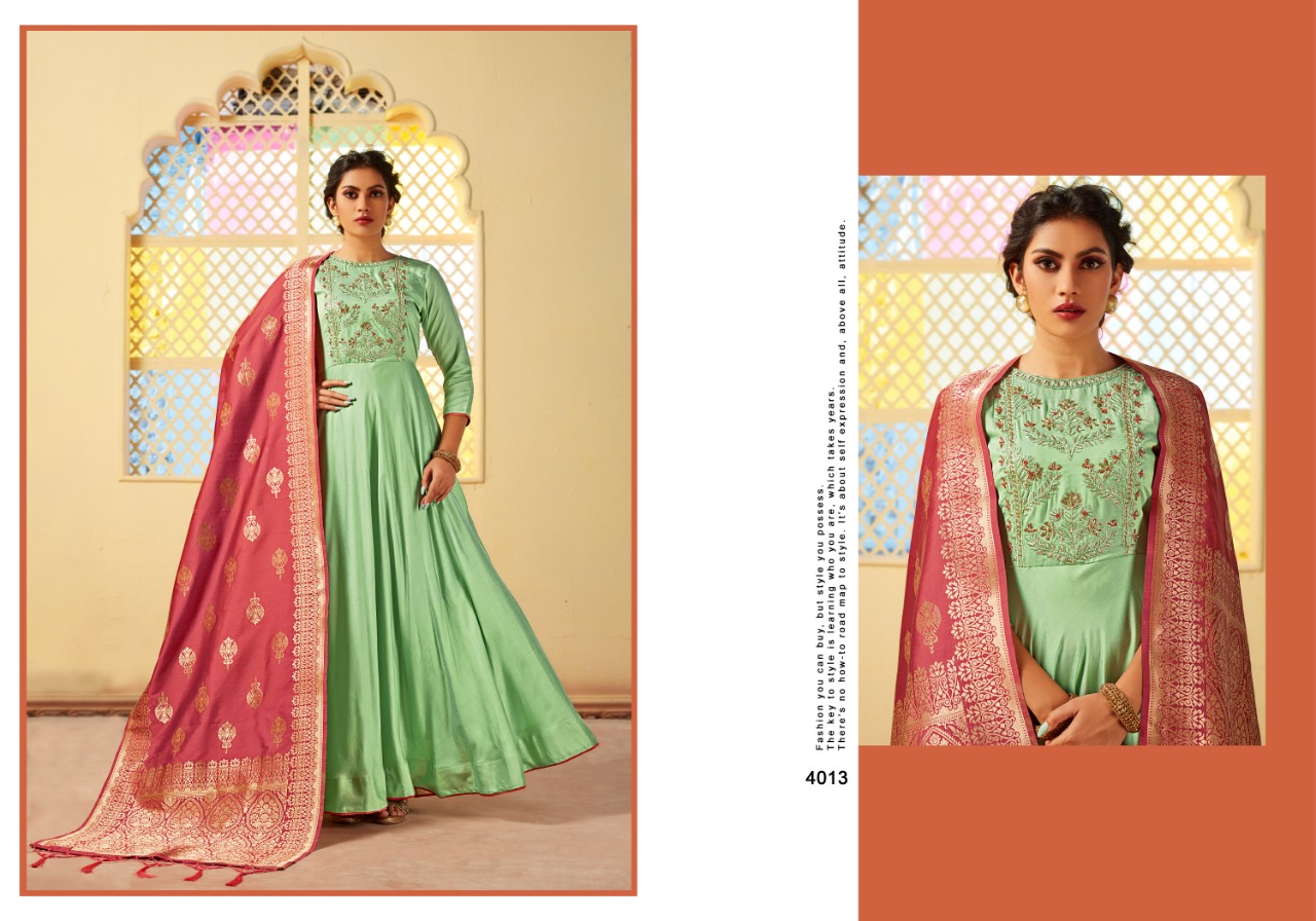 Swarna Vol-2 By Mrigya 4013 To 4017 Series Designer Gowns Collection Beautiful Stylish Fancy Colorful Party Wear & Occasional Wear Viscose Silk Embroidered Gowns At Wholesale Price