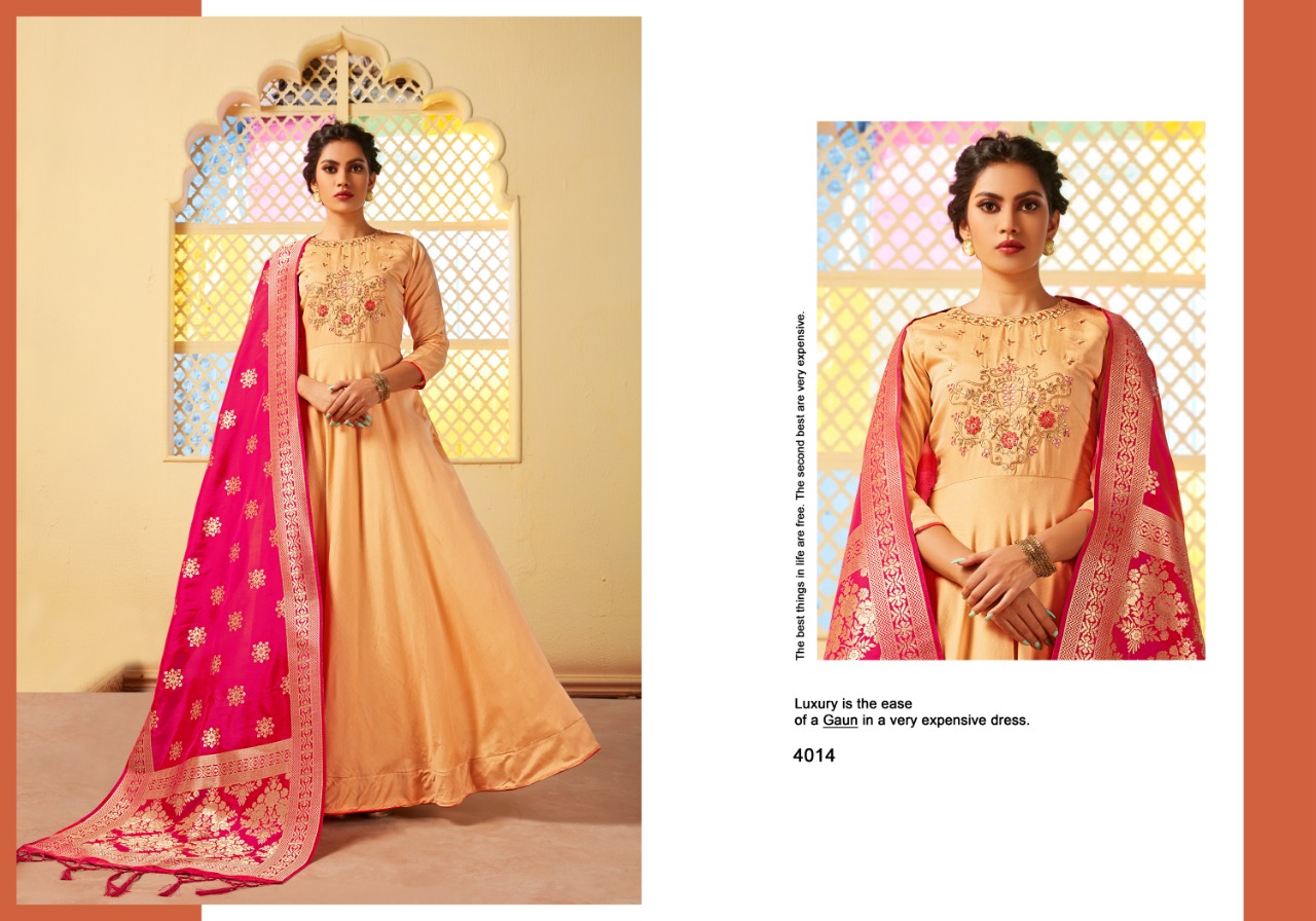 Swarna Vol-2 By Mrigya 4013 To 4017 Series Designer Gowns Collection Beautiful Stylish Fancy Colorful Party Wear & Occasional Wear Viscose Silk Embroidered Gowns At Wholesale Price
