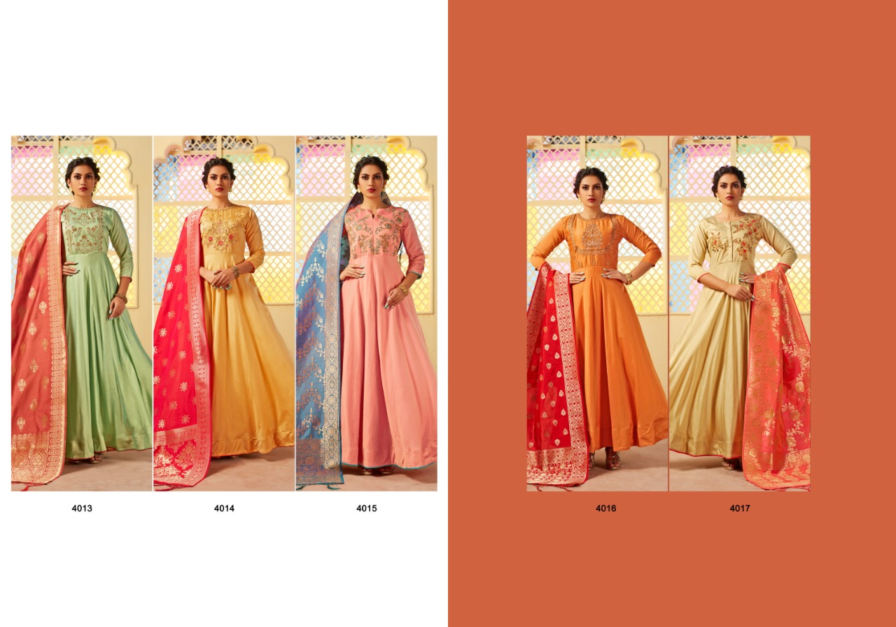 Swarna Vol-2 By Mrigya 4013 To 4017 Series Designer Gowns Collection Beautiful Stylish Fancy Colorful Party Wear & Occasional Wear Viscose Silk Embroidered Gowns At Wholesale Price
