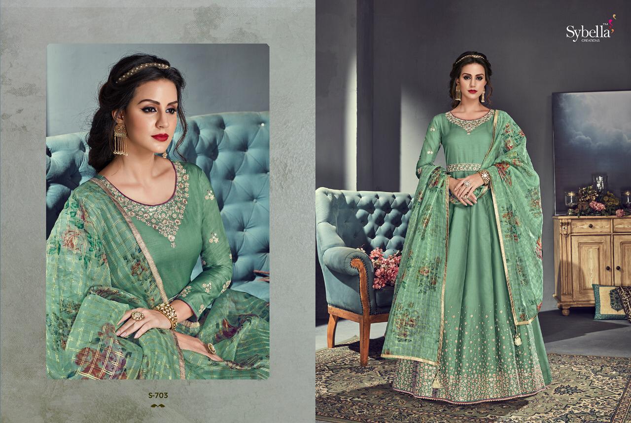 Sybella S-701 By Sybella Creations 701 To 706 Series Bollywood Beautiful Stylish Designer Heavy Embroidered Occasional Wear Party Wear Tussar Silk Dresses At Wholesale Price