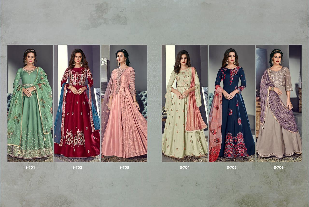 Sybella S-701 By Sybella Creations 701 To 706 Series Bollywood Beautiful Stylish Designer Heavy Embroidered Occasional Wear Party Wear Tussar Silk Dresses At Wholesale Price