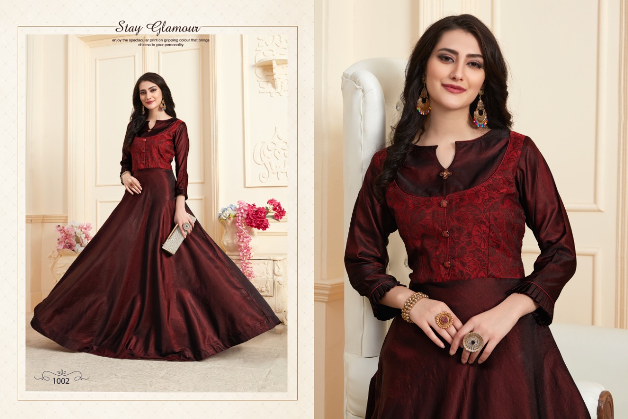 Tanmaya Vol-3 By T S Fashion 1001 To 1004 Series Indian Traditional Wear Collection Beautiful Stylish Fancy Colorful Party Wear & Occasional Wear Pure Tapeta Satin Two Ton Silk With Handloom Work Gown Style Kurtis At Wholesale Price
