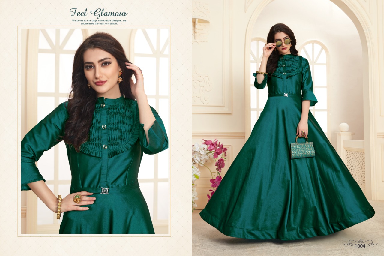 Tanmaya Vol-3 By T S Fashion 1001 To 1004 Series Indian Traditional Wear Collection Beautiful Stylish Fancy Colorful Party Wear & Occasional Wear Pure Tapeta Satin Two Ton Silk With Handloom Work Gown Style Kurtis At Wholesale Price