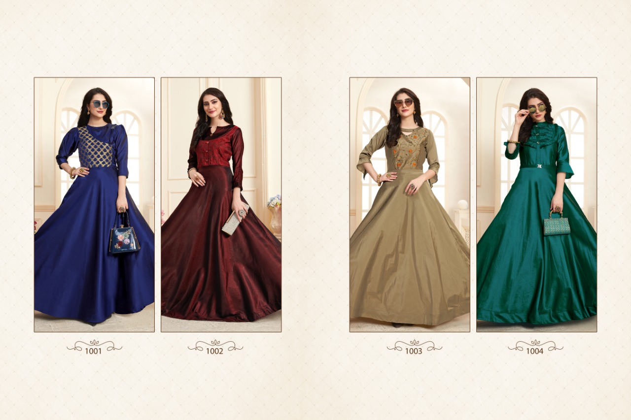 Tanmaya Vol-3 By T S Fashion 1001 To 1004 Series Indian Traditional Wear Collection Beautiful Stylish Fancy Colorful Party Wear & Occasional Wear Pure Tapeta Satin Two Ton Silk With Handloom Work Gown Style Kurtis At Wholesale Price