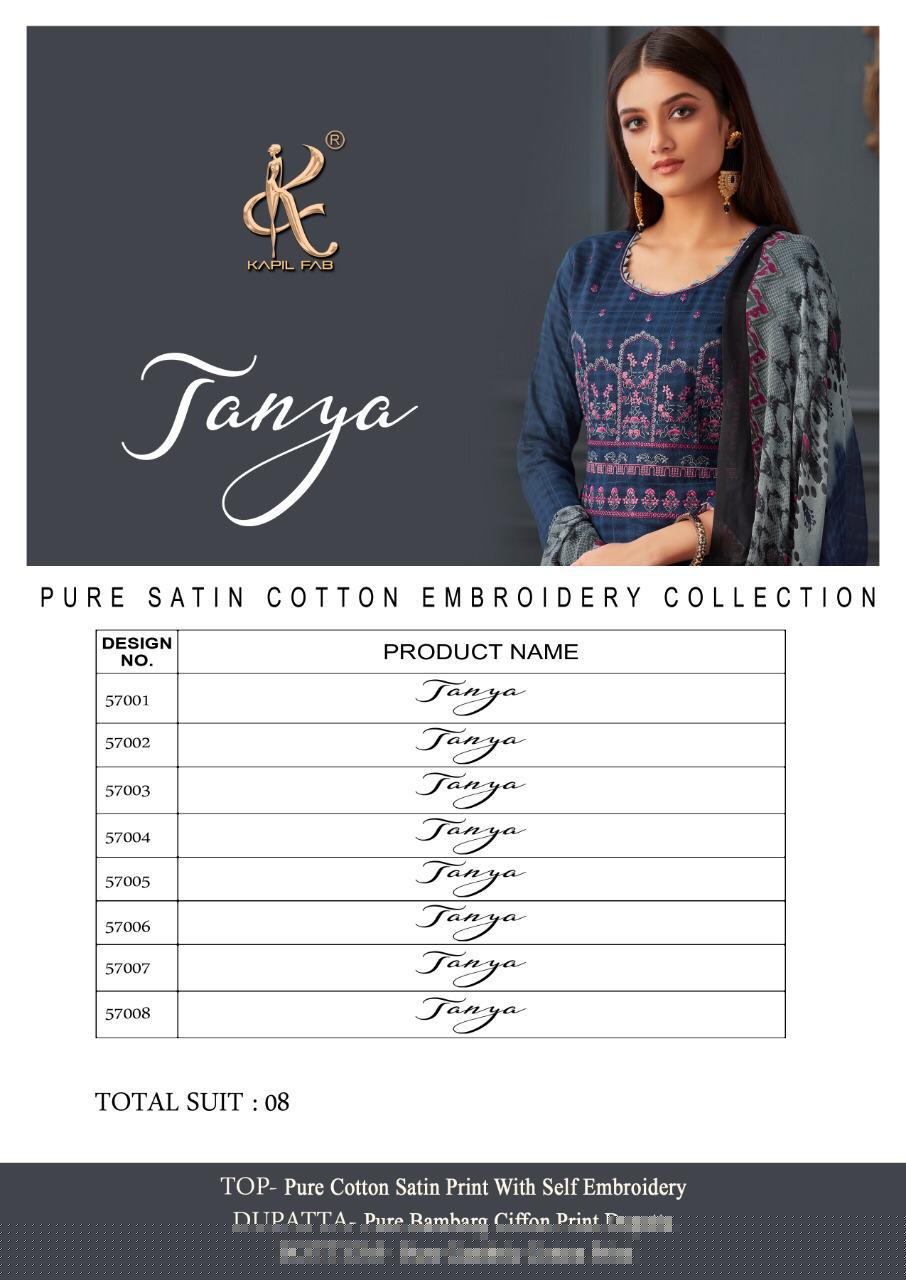 Tanya By Kapil Fab 57001 To 57008 Series Beautiful Suits Stylish Fancy Colorful Casual Wear & Ethnic Wear Collection Pure Cotton Satin Print Embroidery Dresses At Wholesale Price