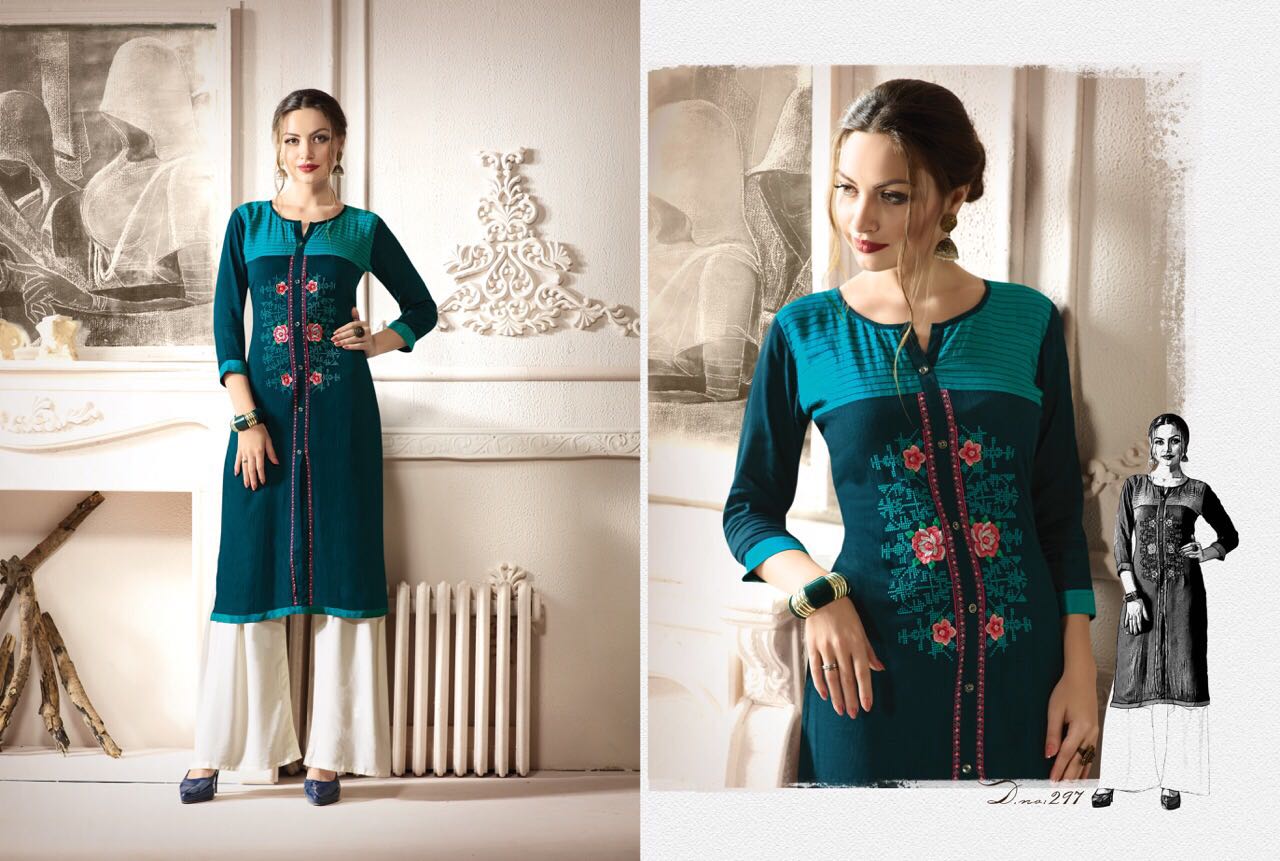 Tattoo By Kajree Fashion 291 To 300 Series Designer Beautiful Stylish Fancy Colorful Party Wear & Ethnic Wear & Ready To Wear Rayon Printed Kurtis At Wholesale Price