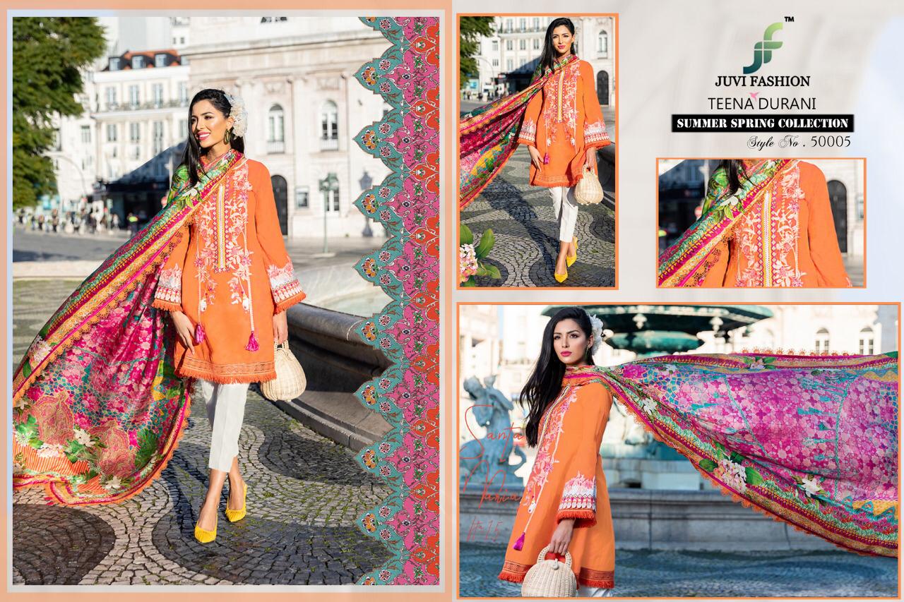 Teena Durina By Juvi Fashion 50001 To 50006 Series Designer Pakistani Suits Beautiful Fancy Stylish Colorful Party Wear & Occasional Wear Pure Cambric Cotton With Self Embroidery & Handwork Dresses At Wholesale Price