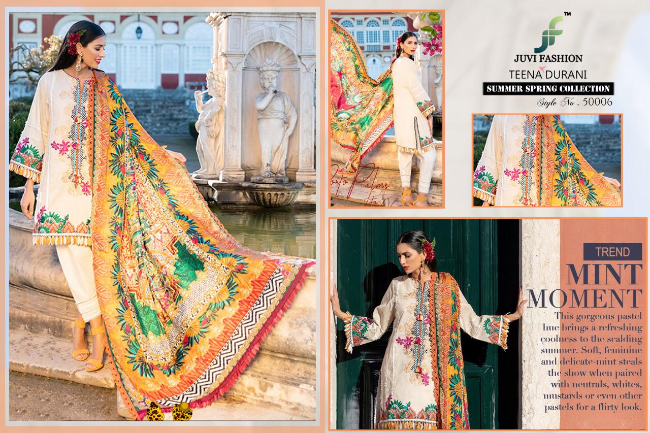 Teena Durina By Juvi Fashion 50001 To 50006 Series Designer Pakistani Suits Beautiful Fancy Stylish Colorful Party Wear & Occasional Wear Pure Cambric Cotton With Self Embroidery & Handwork Dresses At Wholesale Price