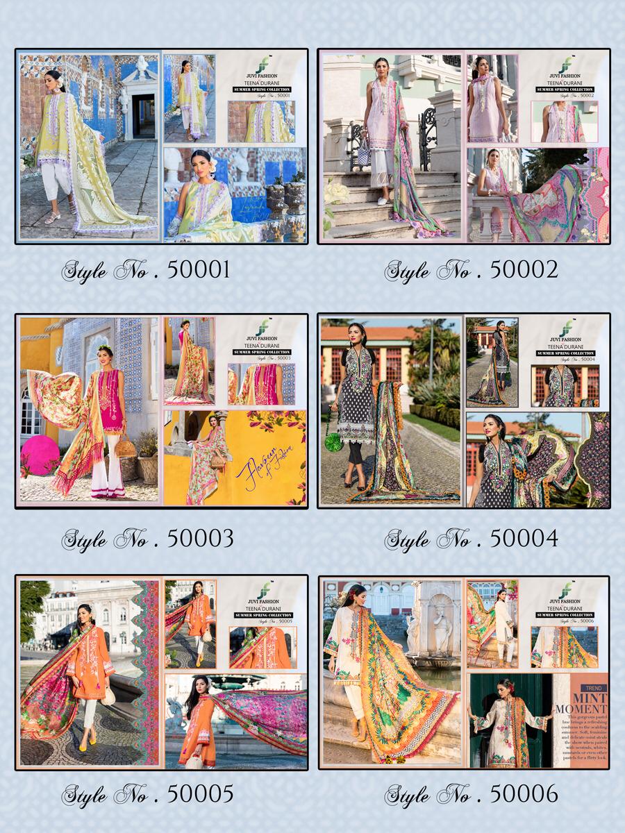 Teena Durina By Juvi Fashion 50001 To 50006 Series Designer Pakistani Suits Beautiful Fancy Stylish Colorful Party Wear & Occasional Wear Pure Cambric Cotton With Self Embroidery & Handwork Dresses At Wholesale Price