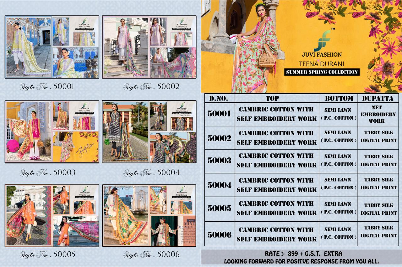 Teena Durina By Juvi Fashion 50001 To 50006 Series Designer Pakistani Suits Beautiful Fancy Stylish Colorful Party Wear & Occasional Wear Pure Cambric Cotton With Self Embroidery & Handwork Dresses At Wholesale Price