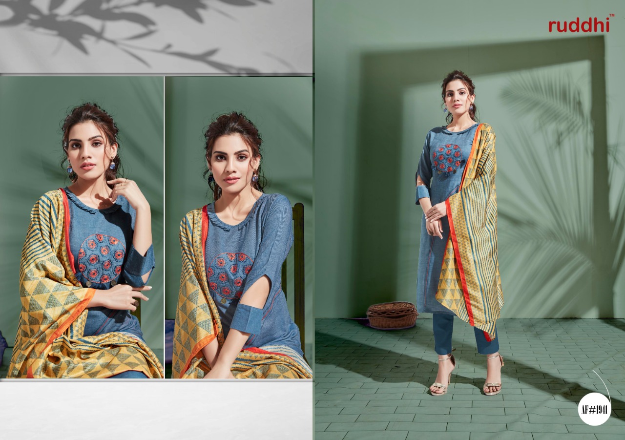The Denim Story By Ruddhi Dressline 1911 To 1916 Series Beautiful Stylish Colorful Fancy Casual Wear & Ethnic Wear & Ready To Wear Soft Denim With Work Tops & Dupatta At Wholesale Price