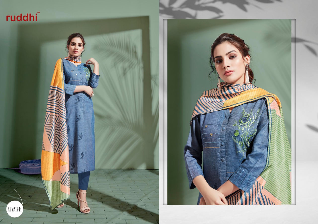 The Denim Story By Ruddhi Dressline 1911 To 1916 Series Beautiful Stylish Colorful Fancy Casual Wear & Ethnic Wear & Ready To Wear Soft Denim With Work Tops & Dupatta At Wholesale Price