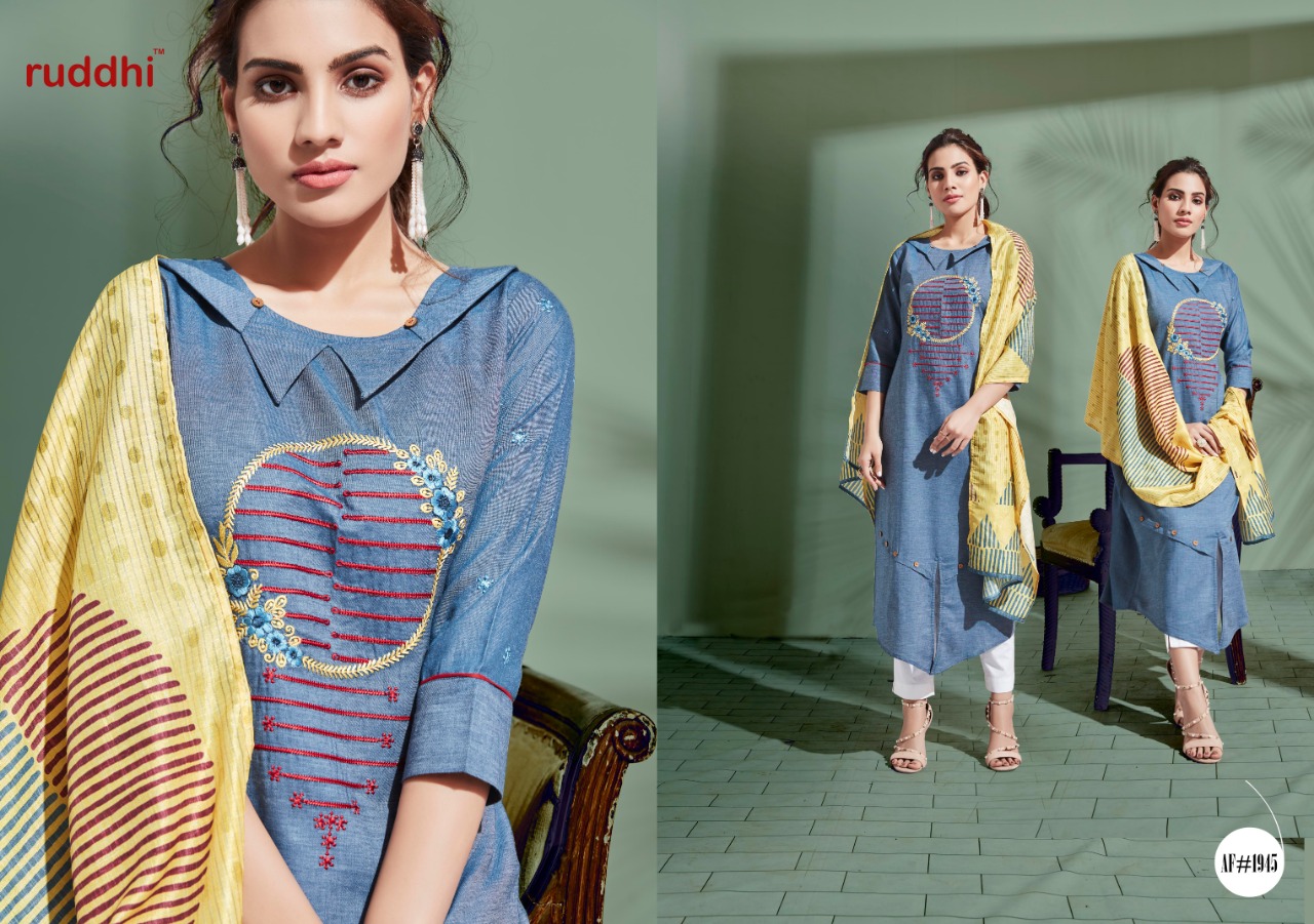 The Denim Story By Ruddhi Dressline 1911 To 1916 Series Beautiful Stylish Colorful Fancy Casual Wear & Ethnic Wear & Ready To Wear Soft Denim With Work Tops & Dupatta At Wholesale Price