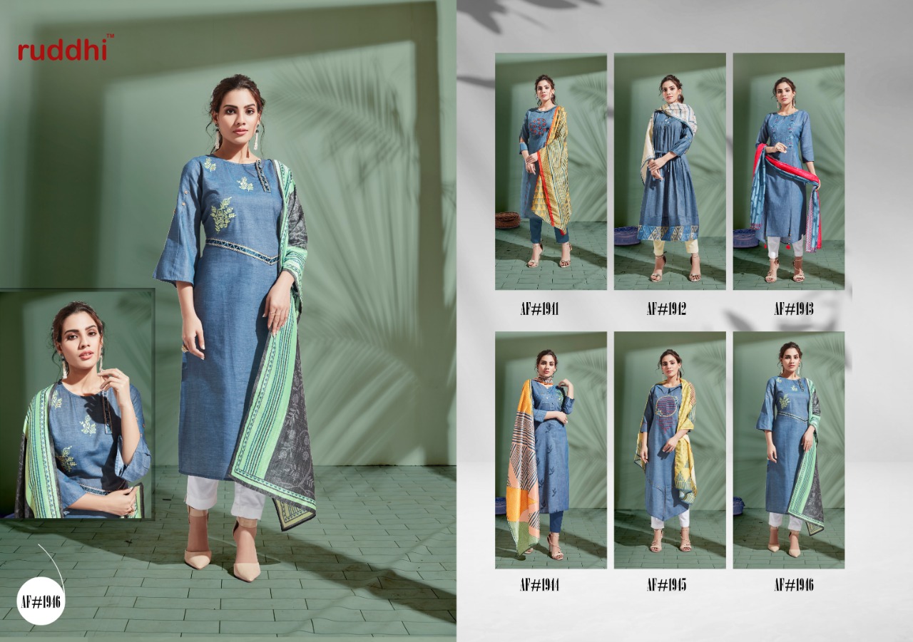 The Denim Story By Ruddhi Dressline 1911 To 1916 Series Beautiful Stylish Colorful Fancy Casual Wear & Ethnic Wear & Ready To Wear Soft Denim With Work Tops & Dupatta At Wholesale Price