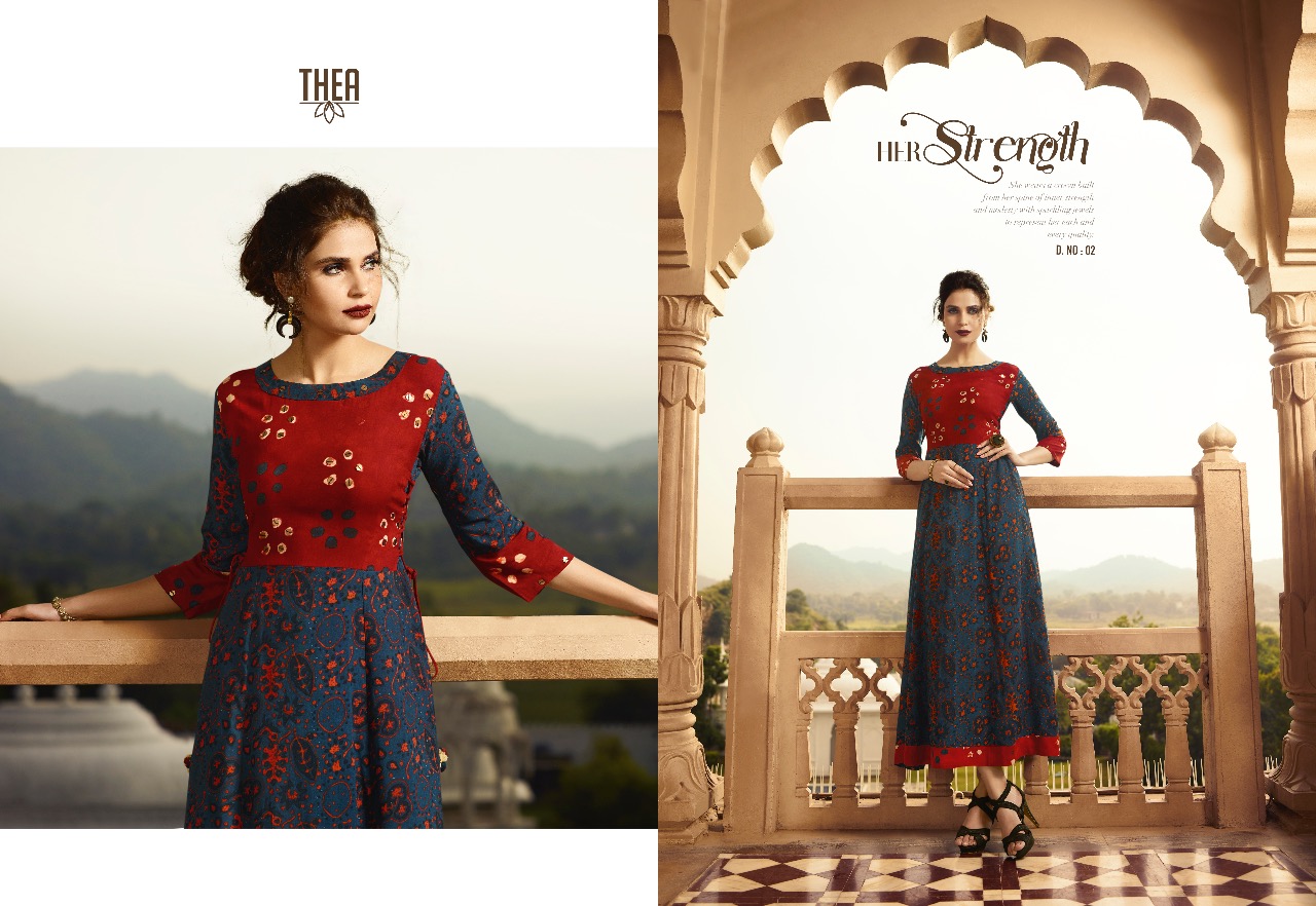 Thea By Vishwam Fabrics 01 To 10 Series Beautiful Stylish Colorful Fancy Party Wear & Ethnic Wear & Ready To Wear Heavy Rayon Printed Kurtis At Wholesale Price