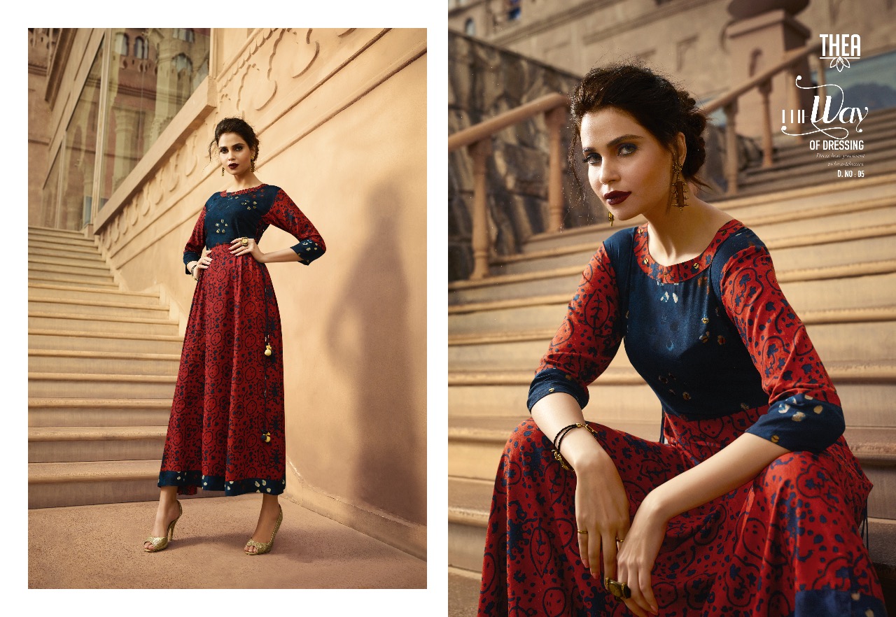 Thea By Vishwam Fabrics 01 To 10 Series Beautiful Stylish Colorful Fancy Party Wear & Ethnic Wear & Ready To Wear Heavy Rayon Printed Kurtis At Wholesale Price
