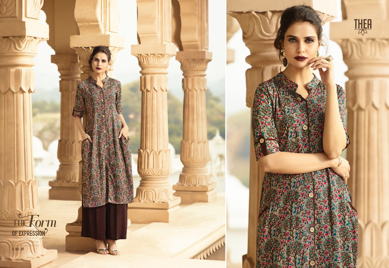 Thea By Vishwam Fabrics 01 To 10 Series Beautiful Stylish Colorful Fancy Party Wear & Ethnic Wear & Ready To Wear Heavy Rayon Printed Kurtis At Wholesale Price