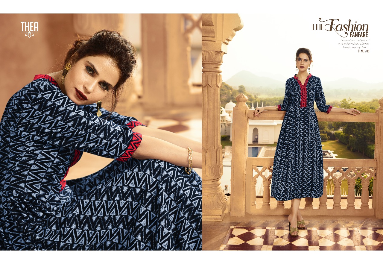 Thea By Vishwam Fabrics 01 To 10 Series Beautiful Stylish Colorful Fancy Party Wear & Ethnic Wear & Ready To Wear Heavy Rayon Printed Kurtis At Wholesale Price