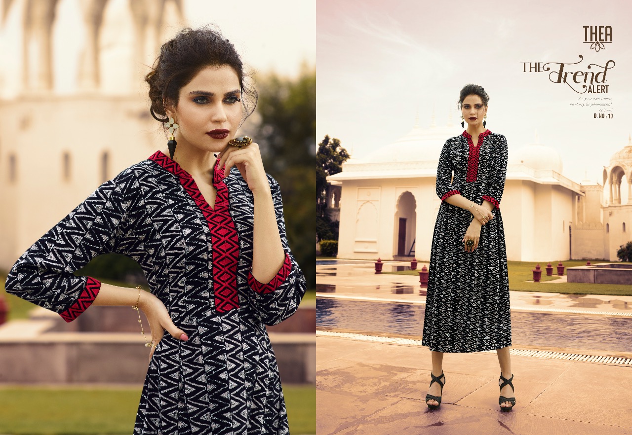 Thea By Vishwam Fabrics 01 To 10 Series Beautiful Stylish Colorful Fancy Party Wear & Ethnic Wear & Ready To Wear Heavy Rayon Printed Kurtis At Wholesale Price