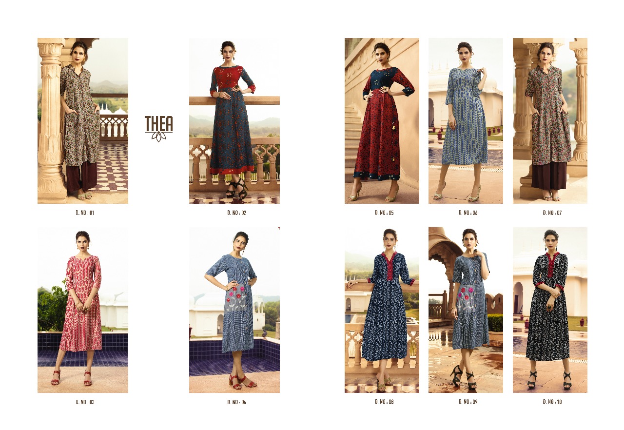 Thea By Vishwam Fabrics 01 To 10 Series Beautiful Stylish Colorful Fancy Party Wear & Ethnic Wear & Ready To Wear Heavy Rayon Printed Kurtis At Wholesale Price