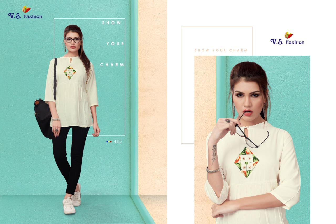Top Look Vol-1 By V S Fashions 401 To 406 Series Beautiful Colorful Stylish Fancy Party Wear & Occasional Wear & Ready To Wear Rayon Printed Kurtis At Wholesale Price