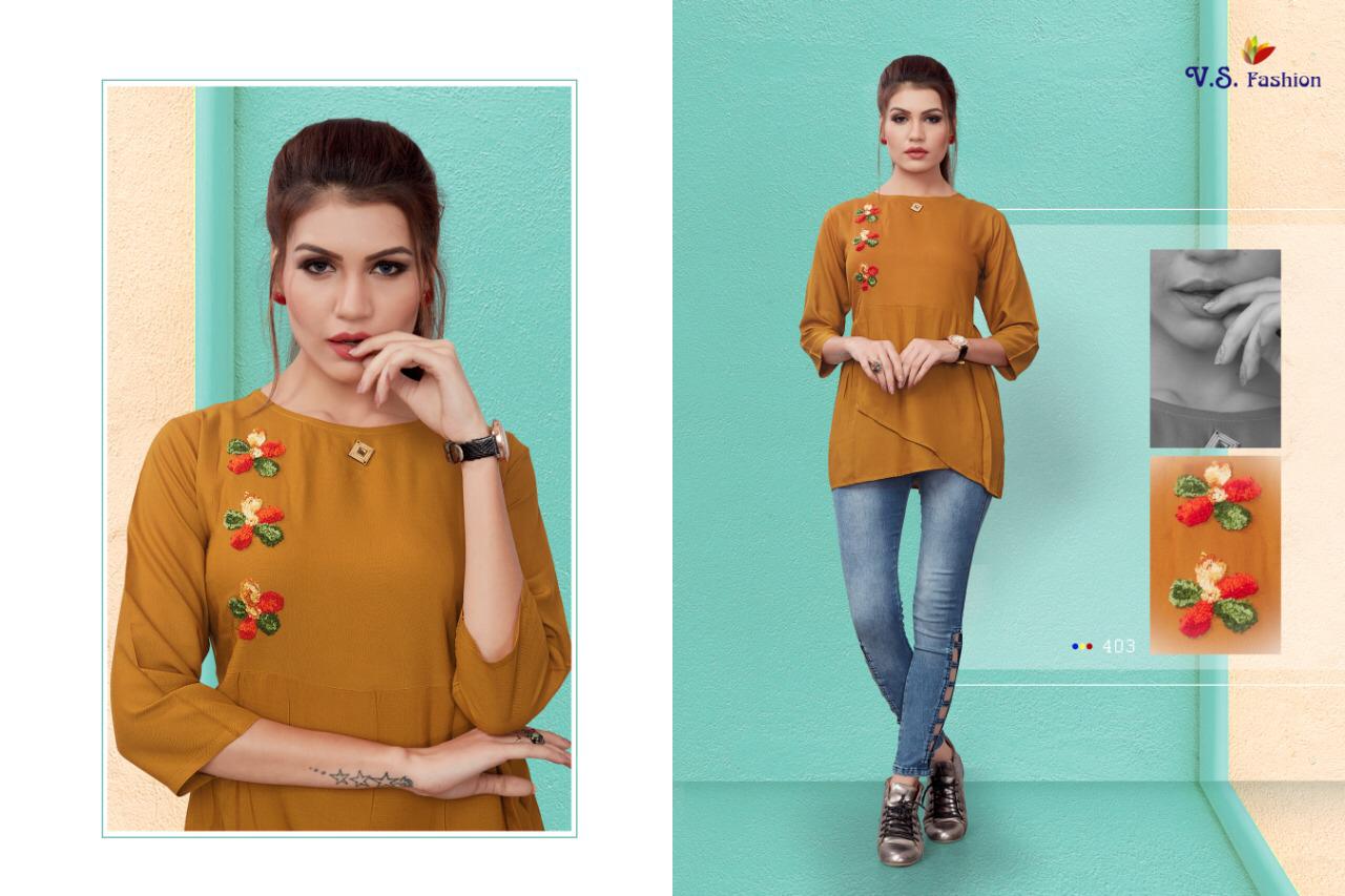 Top Look Vol-1 By V S Fashions 401 To 406 Series Beautiful Colorful Stylish Fancy Party Wear & Occasional Wear & Ready To Wear Rayon Printed Kurtis At Wholesale Price