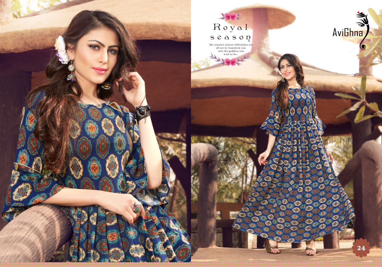 Trend By Avighna Creation 21 To 30 Series Beautiful Colorful Stylish Fancy Casual Wear & Ethnic Wear & Ready To Wear Heavy Rayon Printed Kurtis At Wholesale Price