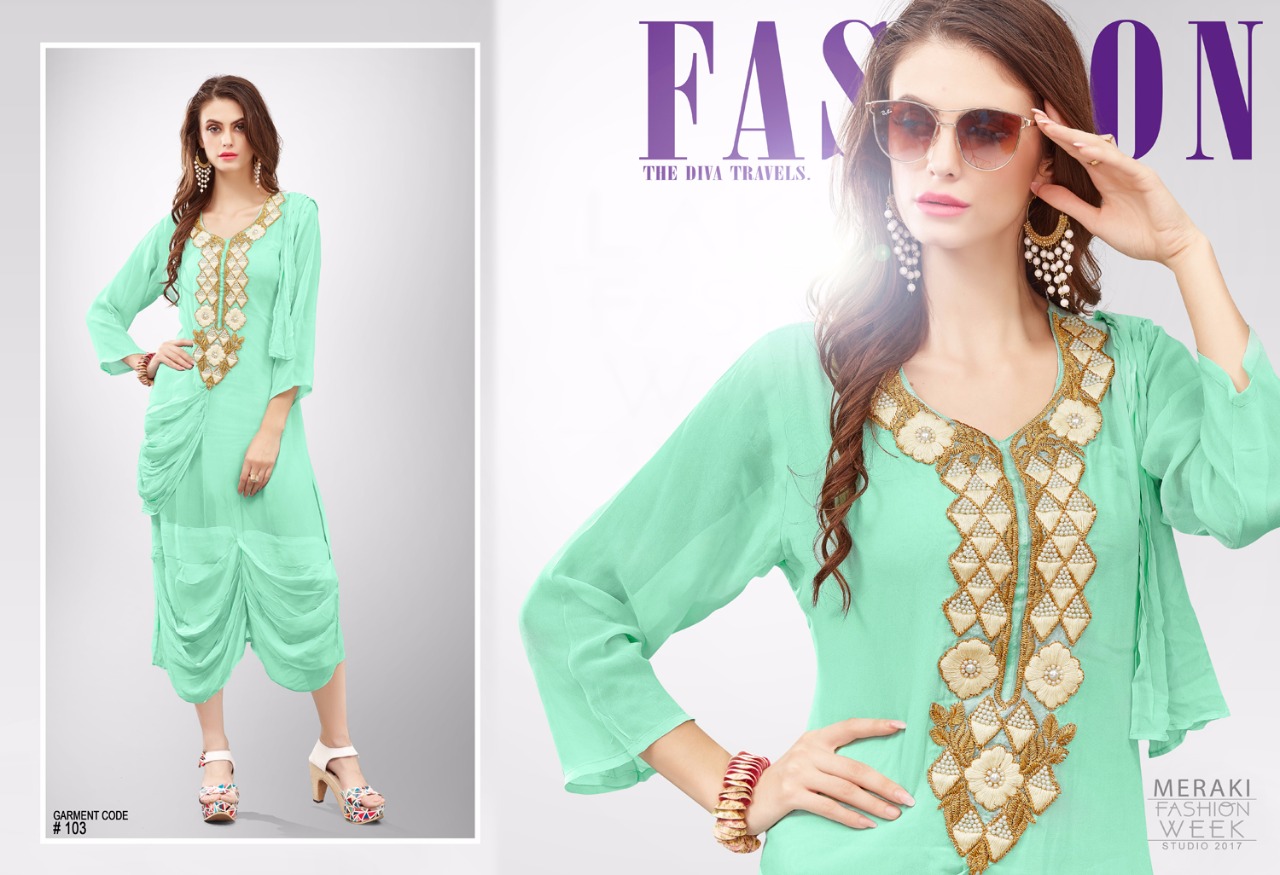 Trend Issue By Meraki 101 To 110 Series Designer Stylish Fancy Colorful Fancy Beautiful Casual Wear & Ready To Wear & Ethnic Wear Pure Georgette Kurtis At Wholesale Price
