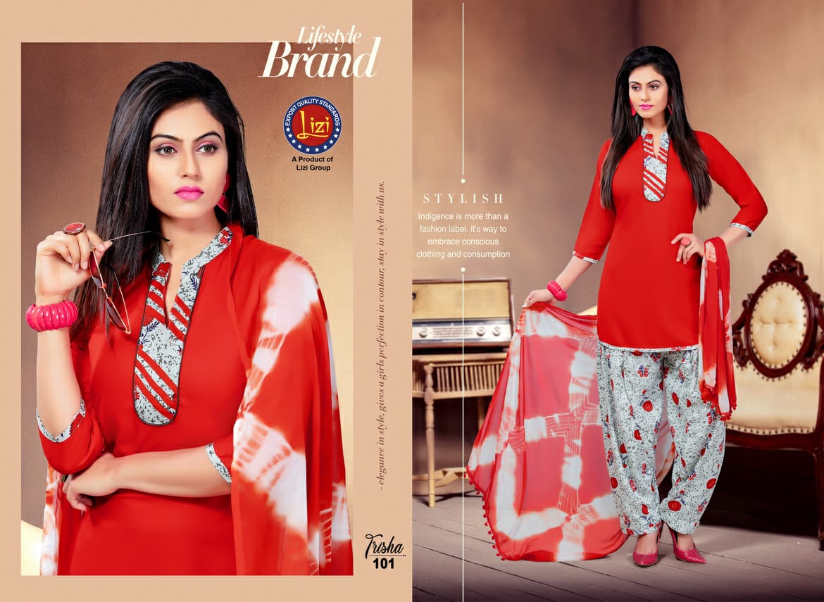 Trisha By Lizi 101 To 108 Series Beautiful Suits Stylish Colorful Fancy Casual Wear & Ethnic Wear Haevy Rayon Printed Dresses At Wholesale Price