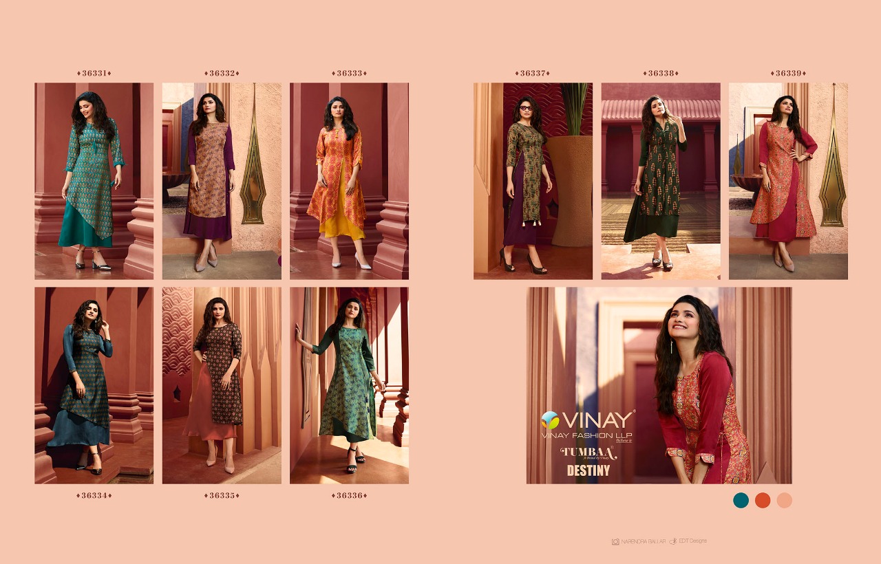 Tumbaa Destiny By Vinay Fashion 36331 To 36339 Series Beautiful Colorful Stylish Fancy Casual Wear & Ethnic Wear & Ready To Wear Dola Silk With Polo Silk Inner Kurtis At Wholesale Price