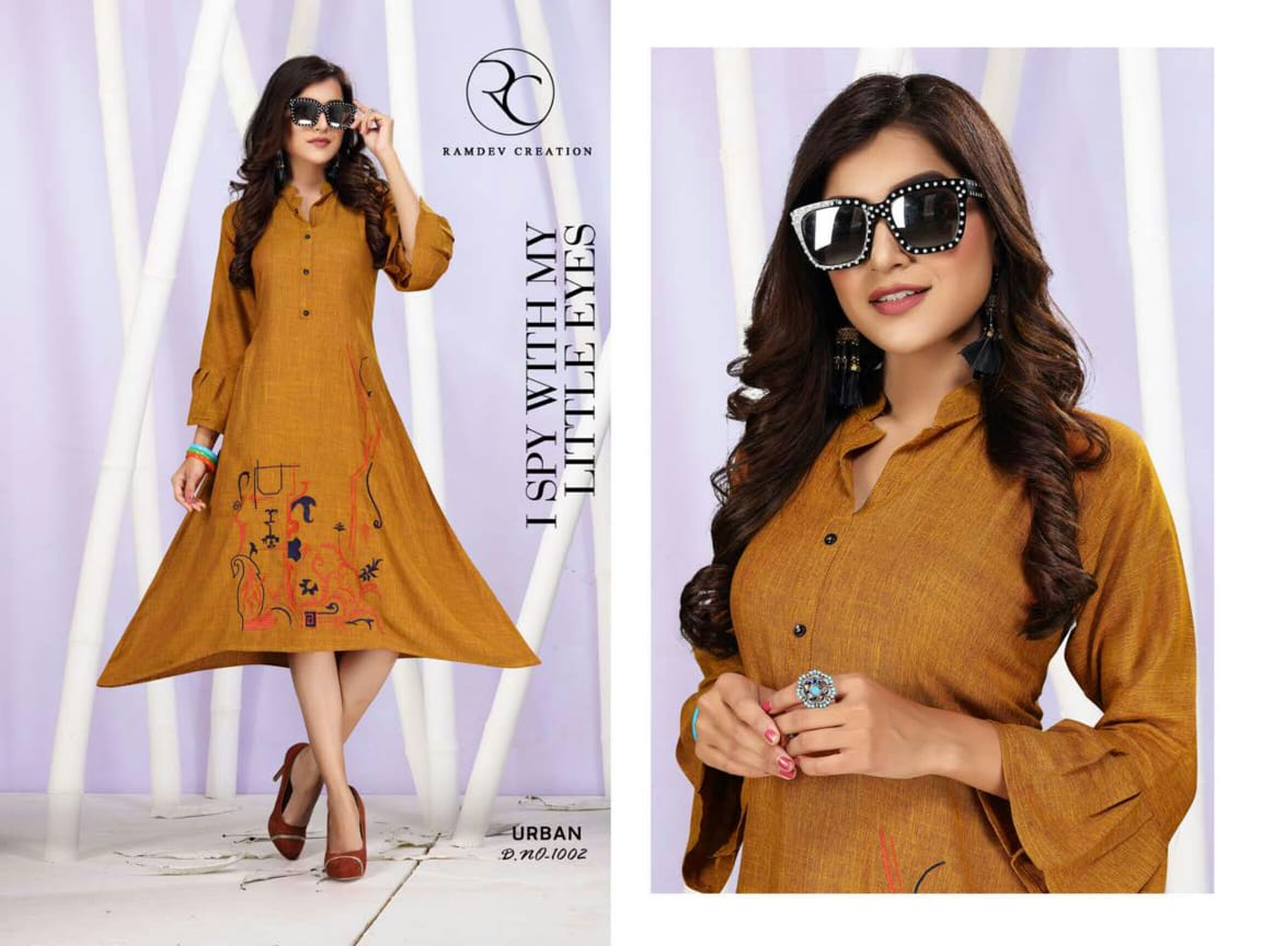 Urban By Rc 1001 To 1008 Series Beautiful Colorful Stylish Fancy Casual Wear & Ethnic Wear & Ready To Wear Rayon With Heavy Embroidery Kurtis At Wholesale Price