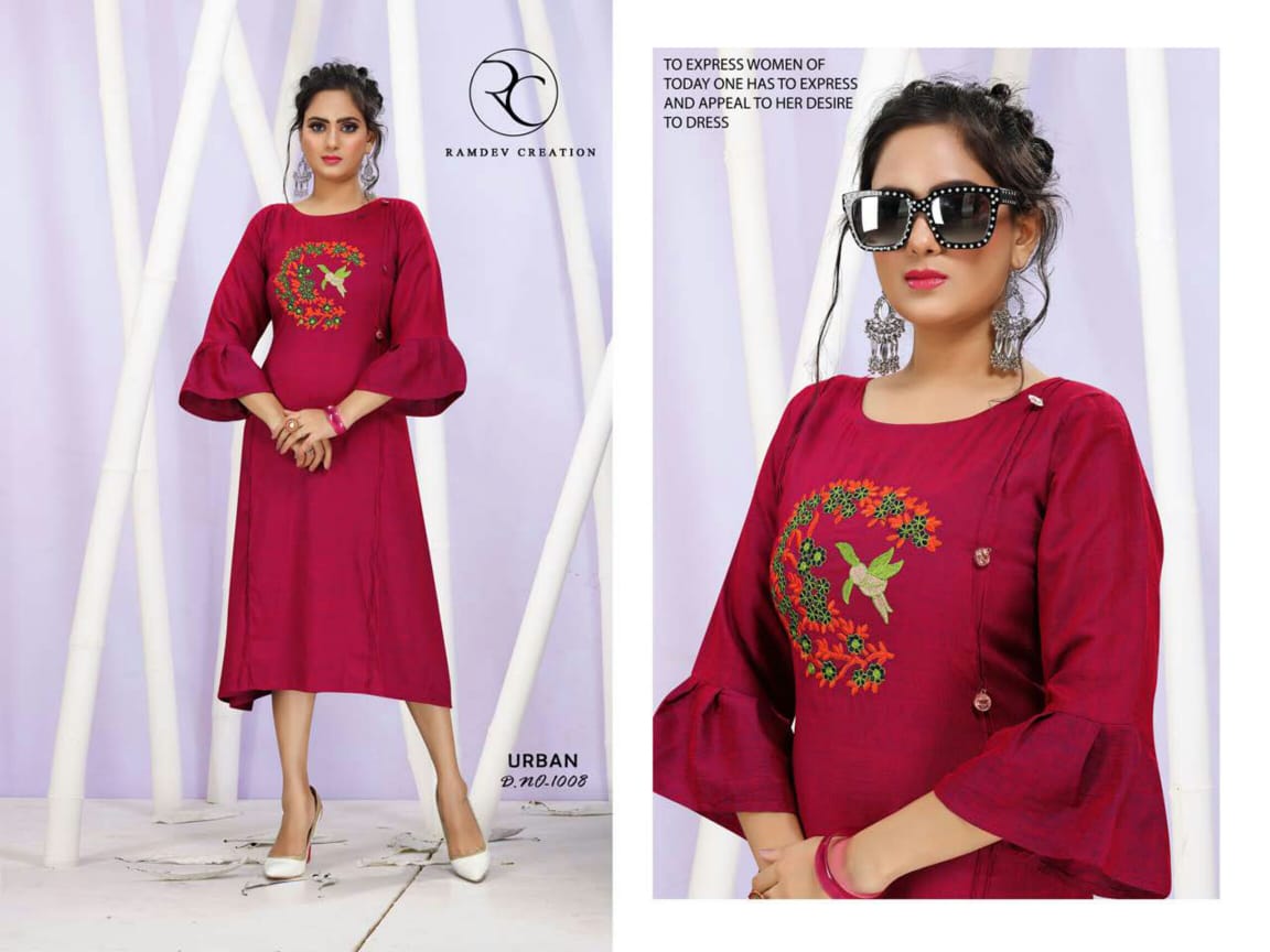 Urban By Rc 1001 To 1008 Series Beautiful Colorful Stylish Fancy Casual Wear & Ethnic Wear & Ready To Wear Rayon With Heavy Embroidery Kurtis At Wholesale Price