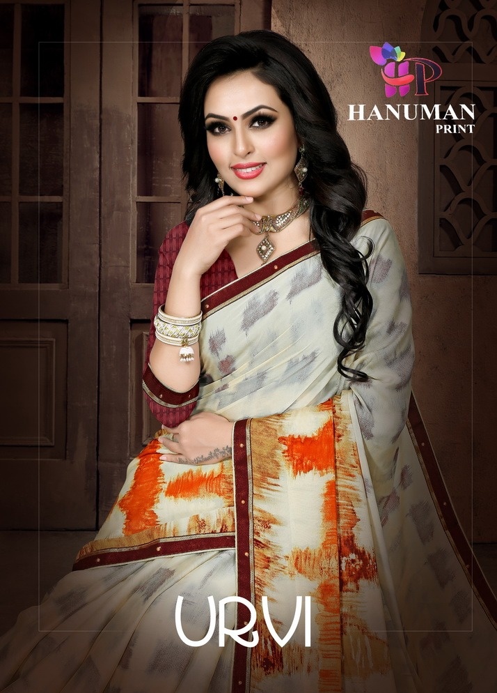 Urvi By Hanuman Prints 1001 To 1008 Series Indian Traditional Wear Collection Beautiful Stylish Fancy Colorful Party Wear & Occasional Wear White Silk Printed Sarees At Wholesale Price