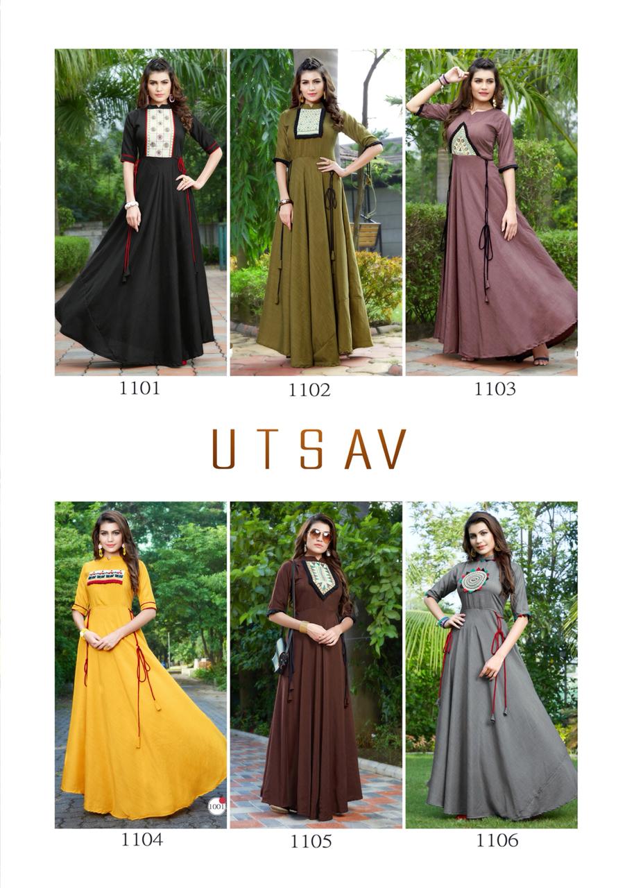Utsav By I4u 1101 To 1106 Series Beautiful Colorful Stylish Fancy Casual Wear & Ethnic Wear & Ready To Wear Heavy Rayon Slub Embroidered Kurtis At Wholesale Price