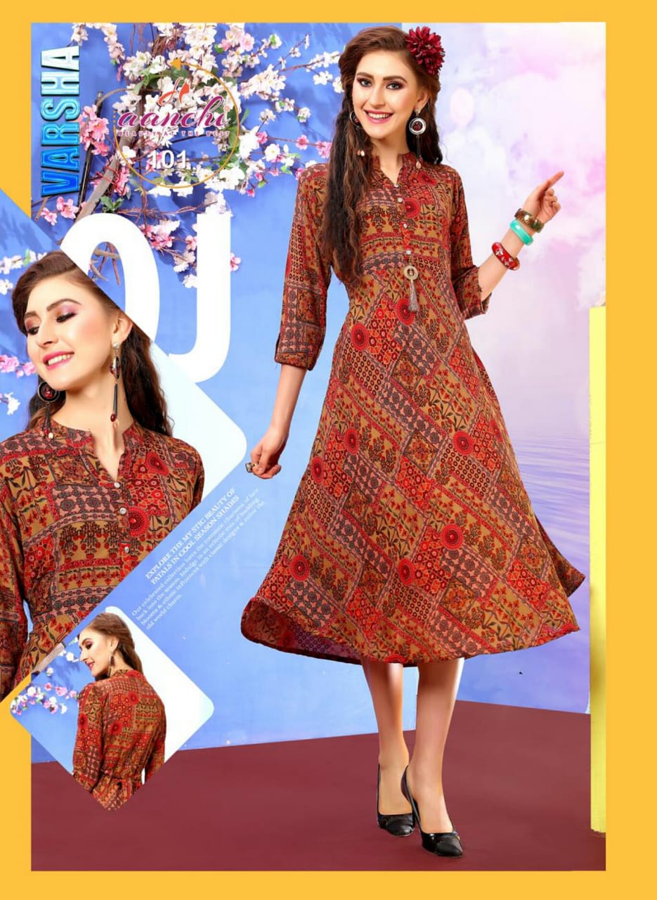 Varsha By Aanchi 101 To 108 Series Stylish Fancy Beautiful Colorful Casual Wear & Ethnic Wear Heavy Rayon Printed Kurtis At Wholesale Price