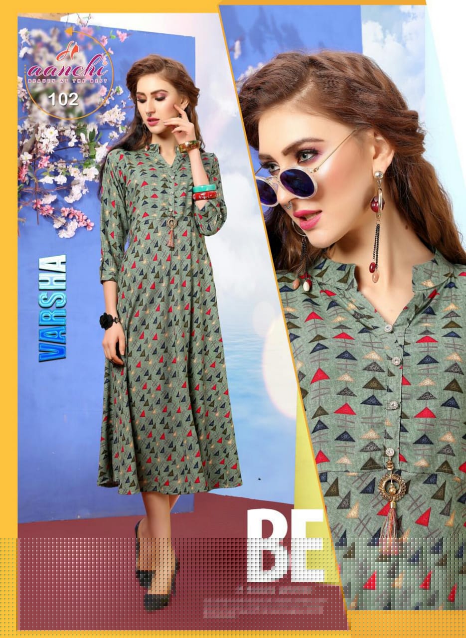 Varsha By Aanchi 101 To 108 Series Stylish Fancy Beautiful Colorful Casual Wear & Ethnic Wear Heavy Rayon Printed Kurtis At Wholesale Price