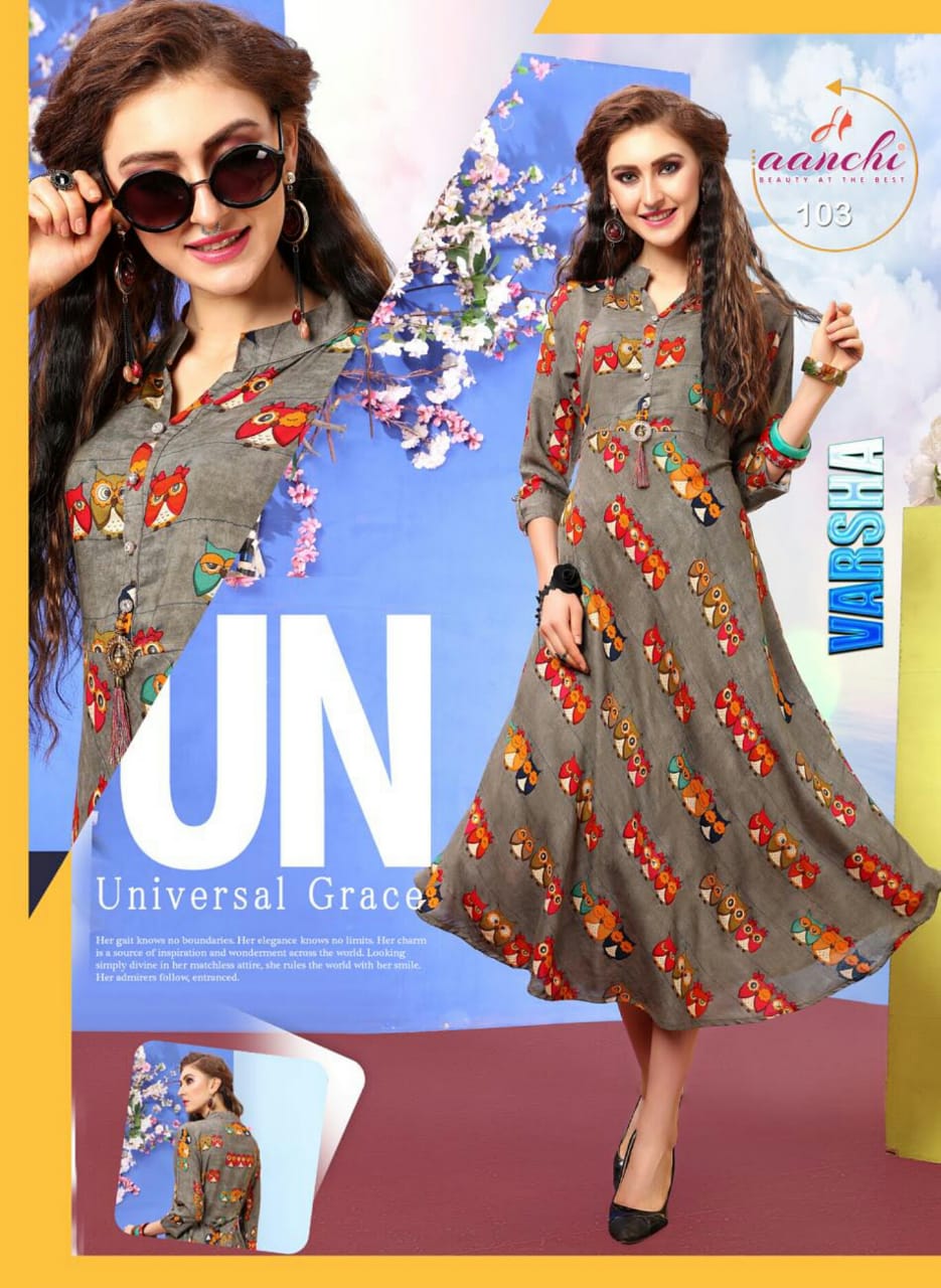 Varsha By Aanchi 101 To 108 Series Stylish Fancy Beautiful Colorful Casual Wear & Ethnic Wear Heavy Rayon Printed Kurtis At Wholesale Price