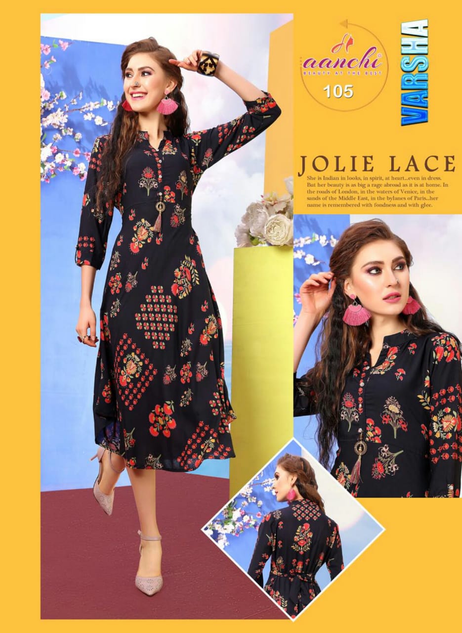 Varsha By Aanchi 101 To 108 Series Stylish Fancy Beautiful Colorful Casual Wear & Ethnic Wear Heavy Rayon Printed Kurtis At Wholesale Price