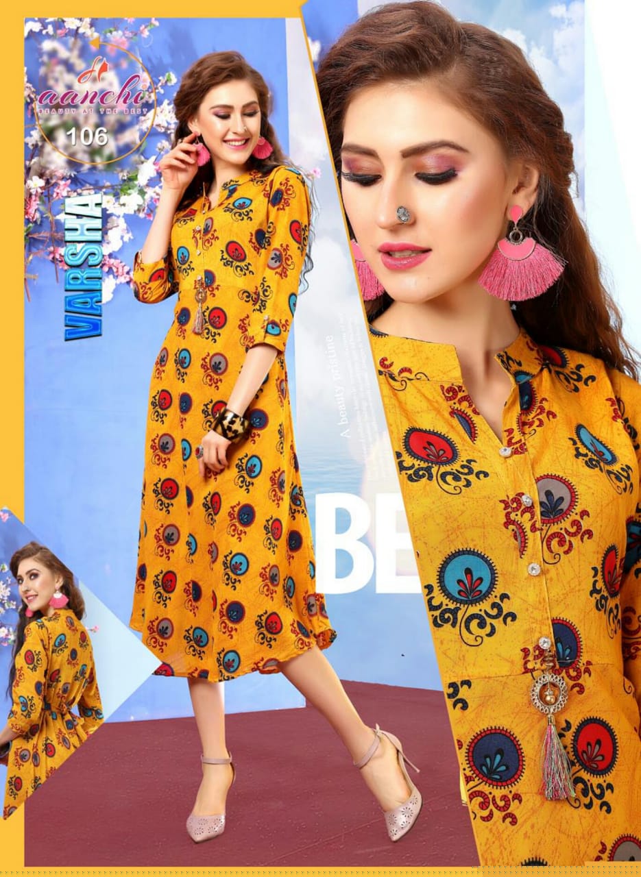 Varsha By Aanchi 101 To 108 Series Stylish Fancy Beautiful Colorful Casual Wear & Ethnic Wear Heavy Rayon Printed Kurtis At Wholesale Price