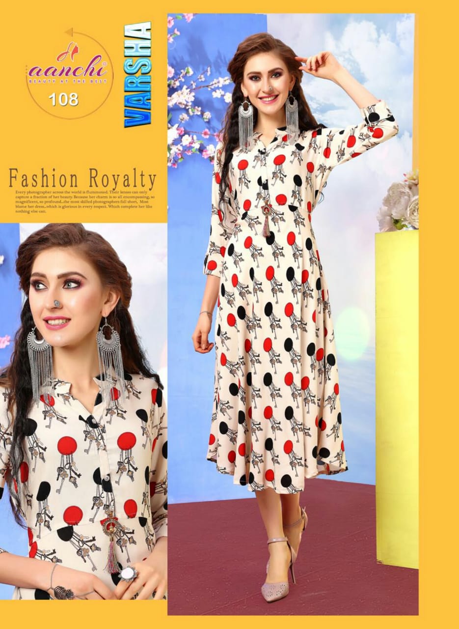 Varsha By Aanchi 101 To 108 Series Stylish Fancy Beautiful Colorful Casual Wear & Ethnic Wear Heavy Rayon Printed Kurtis At Wholesale Price