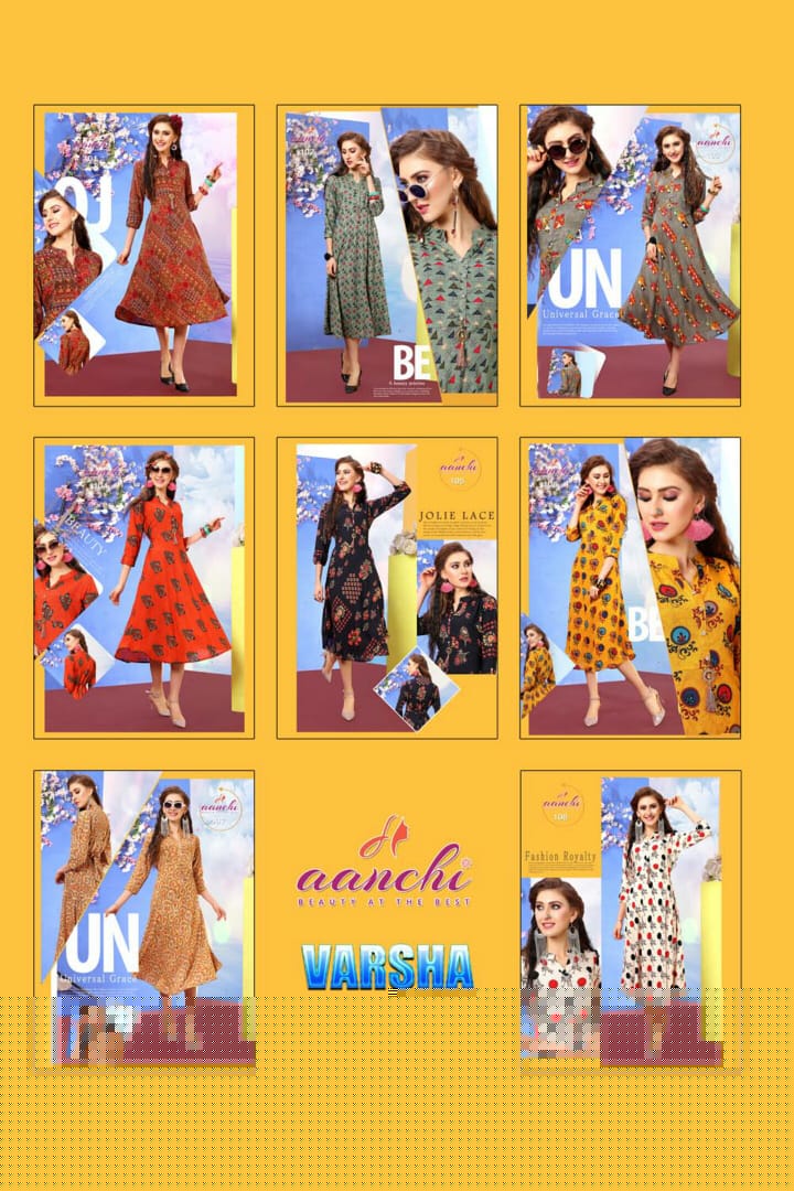 Varsha By Aanchi 101 To 108 Series Stylish Fancy Beautiful Colorful Casual Wear & Ethnic Wear Heavy Rayon Printed Kurtis At Wholesale Price