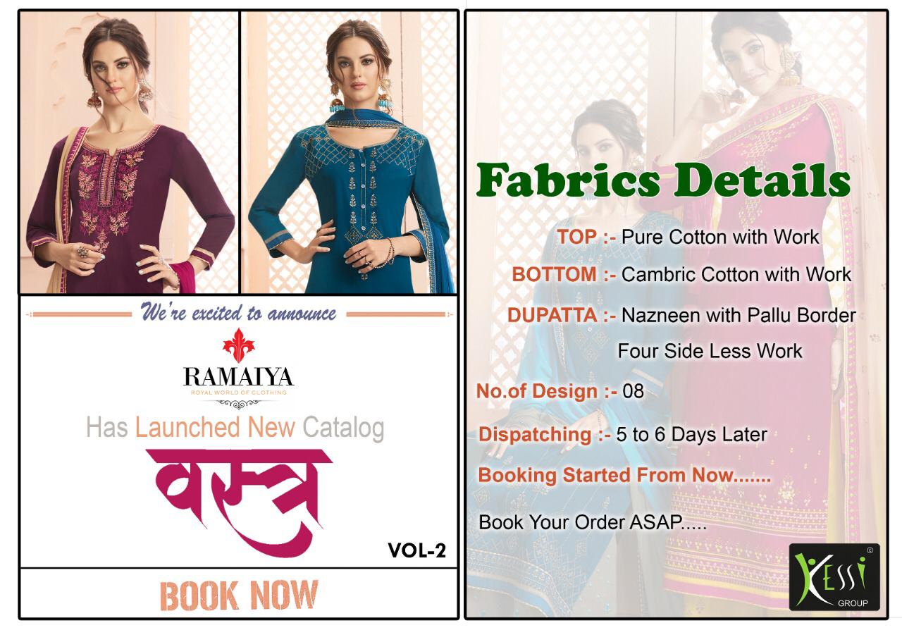 Vastra Vol-2 By Ramaiya 10041 To 10048 Series Beautiful Suits Collection Beautiful Stylish Fancy Colorful Casual Wear & Ethnic Wear Pure Cotton Work Dresses At Wholesale Price