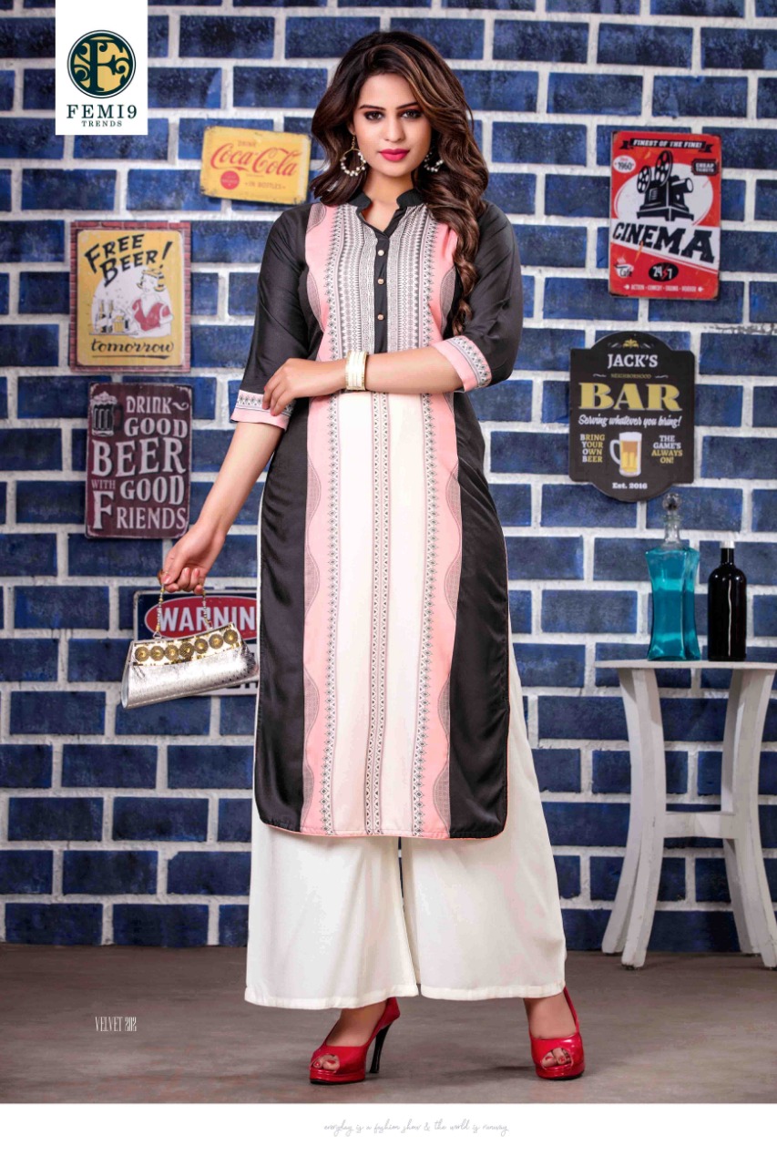 Velvet Vol-2 By Femi9 Trends 201 To 212 Series Beautiful Colorful Stylish Fancy Casual Wear & Ethnic Wear & Ready To Wear Heavy Rayon Printed & Embroidered Kurtis With Palazzo At Wholesale Price