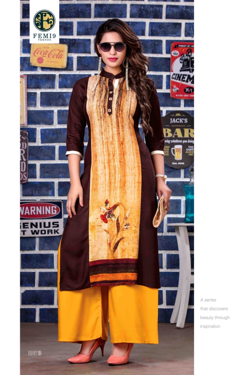 Velvet Vol-2 By Femi9 Trends 201 To 212 Series Beautiful Colorful Stylish Fancy Casual Wear & Ethnic Wear & Ready To Wear Heavy Rayon Printed & Embroidered Kurtis With Palazzo At Wholesale Price