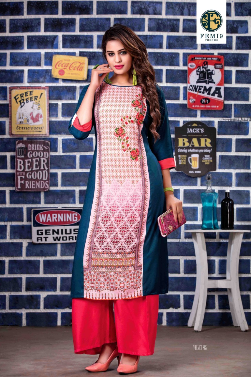 Velvet Vol-2 By Femi9 Trends 201 To 212 Series Beautiful Colorful Stylish Fancy Casual Wear & Ethnic Wear & Ready To Wear Heavy Rayon Printed & Embroidered Kurtis With Palazzo At Wholesale Price