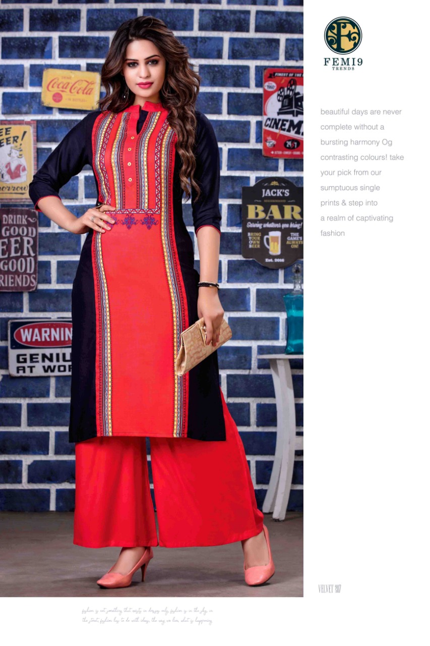 Velvet Vol-2 By Femi9 Trends 201 To 212 Series Beautiful Colorful Stylish Fancy Casual Wear & Ethnic Wear & Ready To Wear Heavy Rayon Printed & Embroidered Kurtis With Palazzo At Wholesale Price